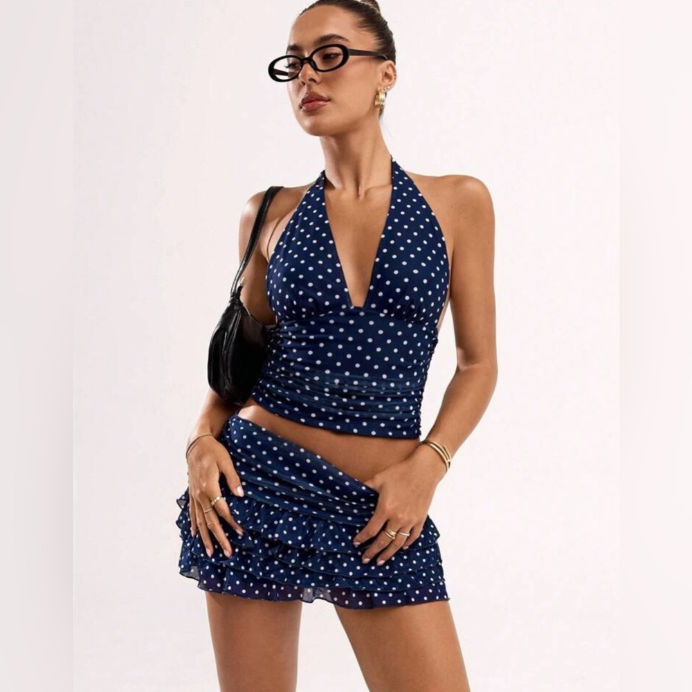 NWT- Navy & White Polka Dot Halter Ruffle Skort Set, Medium